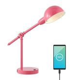 Jyl7123D 20.25" Industrial Desk Lamp With Usb Port, Vintage Pink Metal Task Lamp With Adjustable Dome Shade For Home Office Reading, Bedside Nightstand Lamp For Bedroom, Led Bulb Included