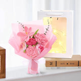 Crochet Flower Bouquet: Artificial Knitted Roses Tulips For Love Mother'S Day Wedding Anniversary Teachers' Day Decoration Including Lighting Fixtures Gift Bags?Pink?