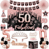50Th Birthday Decorations For Women,32Pcs 50Th Birthday Party Decorations,Including Backdrop, Crown, Sash, Banner, Hanging Swirl,Cake Topper,Balloons,Paper Fans,Anniversary Card And Paper Fans