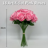 Pink Artificial Roses, Bunch Of 18 Fake Pink Roses With Stems, (12") 30Cm Silk Flowers Bouquet For Outdoor & Indoor Events Wedding Party Home Decoration & Gifts-Diy & Crafts
