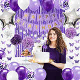 Purple Birthday Decorations For Women Girls Butterfly Hanging Garland Purple And White Silver Lavender Party Decorations Set With Happy Birthday Banner Foil Background Pompom Flower