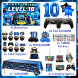 95Pcs 10Th Birthday Decorations For Boys, Video Game 10Th Birthday Decorations Include Backdrop Balloon Arch Hanging Swirls Cake Topper For Blue And Black Level 10 Birthday Decoration