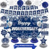 Happy Work Anniversary Decorations Blue Silver Happy Workiversary Banner Honeycomb Centerpieces Hanging Swirls Tissue Paper Pompoms Sash For Office Employee Worker Anniversary Appreciation Supplies