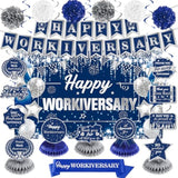 Happy Work Anniversary Decorations Blue Silver Happy Workiversary Banner Honeycomb Centerpieces Hanging Swirls Tissue Paper Pompoms Sash For Office Employee Worker Anniversary Appreciation Supplies