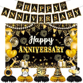 Happy Anniversary Decorations, Black And Gold Wedding Happy Anniversary Party Supplies - Happy Anniversary Banner,Backdrop 5.9 X 3.6Ft With 5Pcs Honeycomb Centerpiece Decor