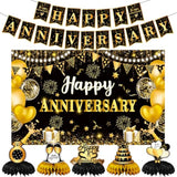 Happy Anniversary Decorations, Black And Gold Wedding Happy Anniversary Party Supplies - Happy Anniversary Banner,Backdrop 5.9 X 3.6Ft With 5Pcs Honeycomb Centerpiece Decor