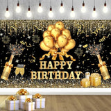 Glitter Black and Gold Happy Birthday Backdrop 180x120 cm for Party Photos