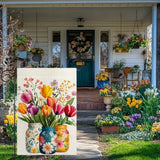 Spring Tulip Floral Mason Jar Garden Flag, Flower Welcome Yard Outdoor Flag Double Sided 12X18 Inch