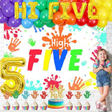 Hi Five Birthday Party Decorations, 5Th Birthday Party Decorations For Boys Girls, Rainbow Balloons High Five Backdrop Number 5 Foil Cake Cupcake Toppers Five Year Old Hand Print Birthday