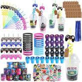 292 Pcs Video Game Party Favors With Reusable Drinking Straws Cups Slap Bracelets Keychains Gift Tags Stamps Stickers And Twist Ties For Gamer Birthday Party Supplies (Blue And Black Game)