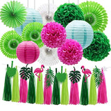 Tropical Flamingo Palm Leaf Banner Party Decorations, Hanging Paper Fans Paper Lanterns Pom Poms Flowers Tissue Tassels For Birthday Baby Shower Summer Hawaiian Party Bachelorette
