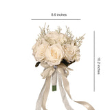 Wedding Bouquets For Bride, Champagne White Bridal Bridesmaid Wedding Flowers, Artificial Toss Rose For Civil Ceremony (Hollow Lace Ribbon Handle)