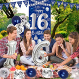 16Th Birthday Decorations For Boys Girls, Blue Silver Happy 16Th Birthday Decorations Door Banner 32" Number 16 Foil Balloon 33Pcs Balloons Triangle Flag Sweet 16 Year Old Birthday Party Sign Supplies