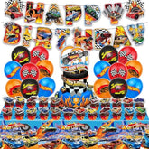 Race car party kit with banner, balloons, cake toppers, cupcake toppers & tablecloth