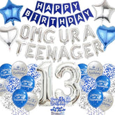 13Th Birthday Decorations For Boys - Teenager Party Supplies Blue Silver Happy Birthday Banner, Omg Ur A Teenager Foil Balloons Number 13 Balloon Cake Topper For 13 Year Old Teen