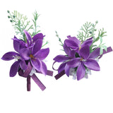 Artificial Corsage Boutonniere Set For Groom Bride Groomsmen Bridesmaids, Simulated Flowers Accessories Wedding Party Prom Suit Decorations-2 Pieces Of Dark Purple
