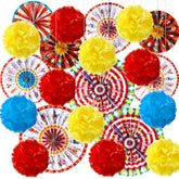 21 Pcs Carnival Party Decorations With Circus Hanging Paper Fans Red Yellow Blue Paper Pom Poms Tissue Flowers For Ceiling Wall Carnival Circus Theme Birthday Baby Shower Party Favors Supplies
