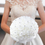 7.5Inches White Rhinestone Ribbon Bridal Wedding Bouquet 1Pcs Handmade Artificial Silk Holding Flowers For Wedding