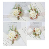 Wrist Corsage And Boutonniere Set Artificial Rose Flowers Accessories For Groom Bride Groomsmen Bridesmaids Wedding Party Prom Suit- Creamy White+Pink 2 Pieces