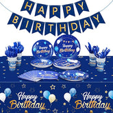 Blue & Gold Birthday Tableware Set – Banner, Tablecloth, Plates, Cups and Napkins for 24