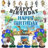 Fishing Birthday Decorations - 34Pcs Balloons, Banners, Centerpieces, Cake Topper Kit, Angler Party Decor