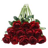 12Pcs Red Roses Artificial Flowers,Realistic Long Stem Fake Silk Roses Bouquet For Party Home Wedding Centerpiece Office Diy Decor?Burgundy?
