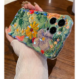 For Iphone 14 Pro Max Case, Colorful Retro Oil Painting Printed Flower Laser Glossy Pattern Cute Curly Wave Edge Exquisite Phone Cover Stylish Durable Tpu Protective Case (Purple Yellow White)
