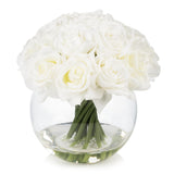 16 Heads Silk Rose Artificial Flowers In Vase,Faux Rose Flowers Arrangement In Round Bowl Vase With Faux Water For Table Decor Centerpieces (White)