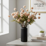 10Pcs Faux Flowers With Black Vase, Artificial Pom Flowers With 4 Eucalyptus Stems, Long Stem Fake Flowers In Vase, Faux Floral Arrangement For Home Decor, Centerpiece Table Decorations