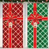 2 Pieces Christmas Door Cover Buffalo Checkered Plaid Photography Backdrop Bowknot Gift Box Door Hanging Covers Merry Christmas Door Decoration For Home Wall Outdoor Indoor Party Holiday Xmas Eve