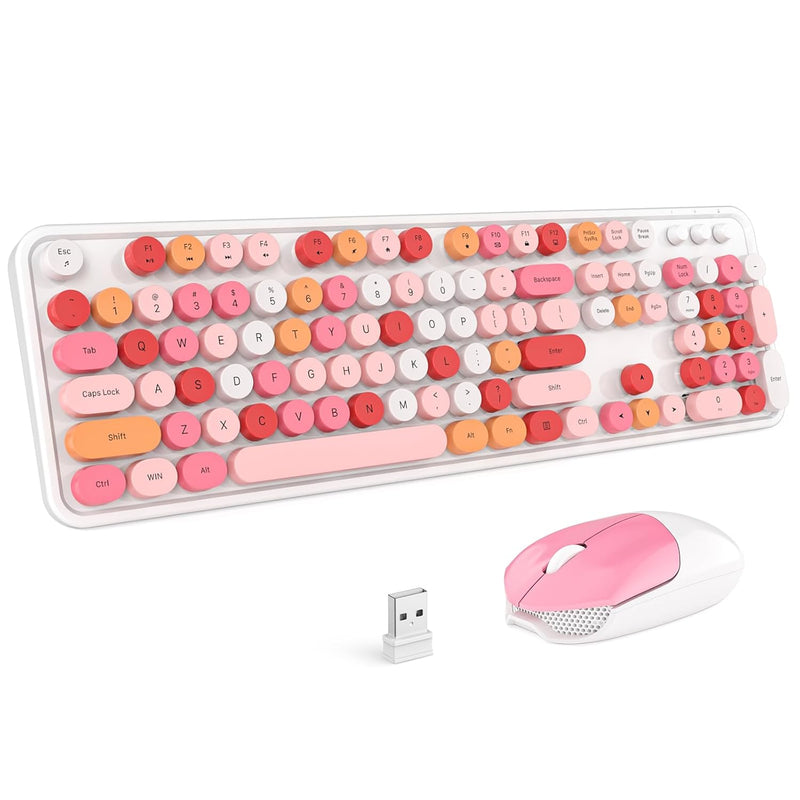 Wireless Keyboard And Mouse Combo, White Mixed 104 Keys Full-Sized 2.4 Ghz Rou