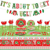 172 Pc Christmas Ugly Sweater Party Set Plates Cups Napkins Cutlery Tablecloth