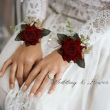 Red Rose Wrist Corsage, Gold-Accented Artificial Flowers With Satin Ribbon, Wedding And Prom Formal Wear