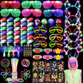 130Pcs Glow In The Dark Party Supplies For Kids Adults, Light Up Party Favors With Led Glasses, Headbands, Finger Lights, Glow Sticks, Temporary Tattoos, Neon Face Body Paint For Halloween, Birthdays