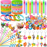 101Pcs Summer Pool Party Favors Beach Birthday Supplies, Drinking Straw Mini Bubble Wand Silicone Bracelet Keychain Sticker, Luau Classroom Goodie Bag Stuffer Pool Games For Kids 3-5 4-8 8-12