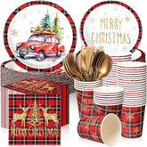240 Pcs Christmas Paper Plates And Napkins Serve 30 Guests Christmas Party Supplies Disposable Xmas Tableware Set Plates Napkins Cups With Knife Fork Spoon(Red,Plaid Style)