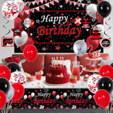 Black And Red Birthday Decorations For Men Women Boys Girls, Black And Red Party Decorations Happy Birthday Banner Backdrop Confetti Silver Balloons Arch Hanging Swirls Party Supplies Tablecloth