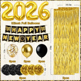 2026 New Year Black and Gold Party Kit with Banner, Props, Curtains, and Balloons