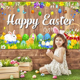 Happy Easter Backdrops Photography Banner Decorations Bunny Grassland Rustic Wood Background Eggs Banner For Jesus Easter Spring Party Decorations, 70.8 X 43.3 Inch
