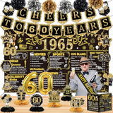 60Th Birthday Decorations For Men Women,24Pcs 1965 Banner Decorations,Including Banner,6 Honeycomb Topper,60 Balloons,Cheers To 60 Years Banner,7 Hanging Swirl,6 Paper Poms,Anniversary Card,Sash
