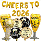 19pcs Cheers to 2026 Balloons Wine Glass Microphone Black Gold Party Set