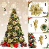 10 Pcs Christmas Artificial Flowers With Clips Stems Xmas Tree Decoration Glitter 5.5Inch Poinsettias Faux Christmas Flower For Wreath Garland New Year Wedding Home Party Ornament, (Gold)