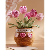 Valentines Day Gift Crochet Tulips Pot - Fully Handmade Crochet Flowers For Women, Knitted Flower Bouquet For Mom, Girlfriend, Teacher, Coworkers, Emotional Support Potted Plants Gifts, Pink