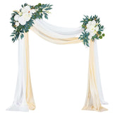 4 Pcs Wedding Arch Flowers And Drape Kit Include 2 Artificial Floral Swag And 2 White Chiffon Drapes, Faux Flower Set For Diy Wedding Party Reception Ceremony Backdrop Rose Decoration