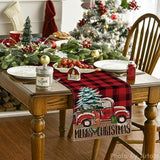 Red And Black Buffalo Plaid Merry Christmas Tree Table Runner, Seasonal Truck Gifts Kitchen Dining Table Decoration For Outdoor Home Party 13X48 Inch