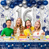 16Th Birthday Decorations For Boys Girls, Blue And Silver Happy 16Th Birthday Decorations Boy, Happy 16Th Birthday Banner Balloons Tablecover Fringe Curtains, 16 Years Old Bday Decor Party Supplies