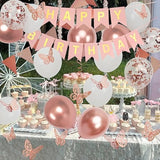 Rose Gold Birthday Decorations for Women and Girls Balloons, Banner, Flags & Butterfly Accents