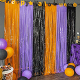 3 Pack Halloween Foil Fringe Curtains Backdrop Orange Purple Black Party Decor