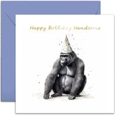 Old English Co. Happy Birthday Handsome Card For Him - Funyn Gorilla Party Hat Birthday Card For Dad, Son, Grandad, Nephew, Brother - Gold Foil Birthday Card For Men | Blank Inside With Envelope