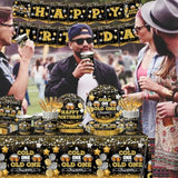 142-Pc Beer Birthday Party Set Black Gold Plates Napkins Cups Banner for Men